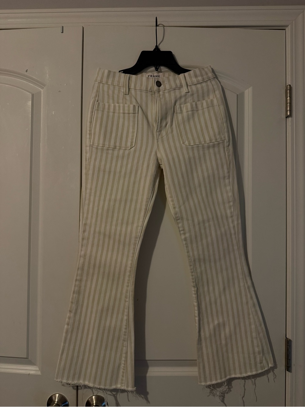 Frame Denim Cream and White Striped Cropped Flare Pants